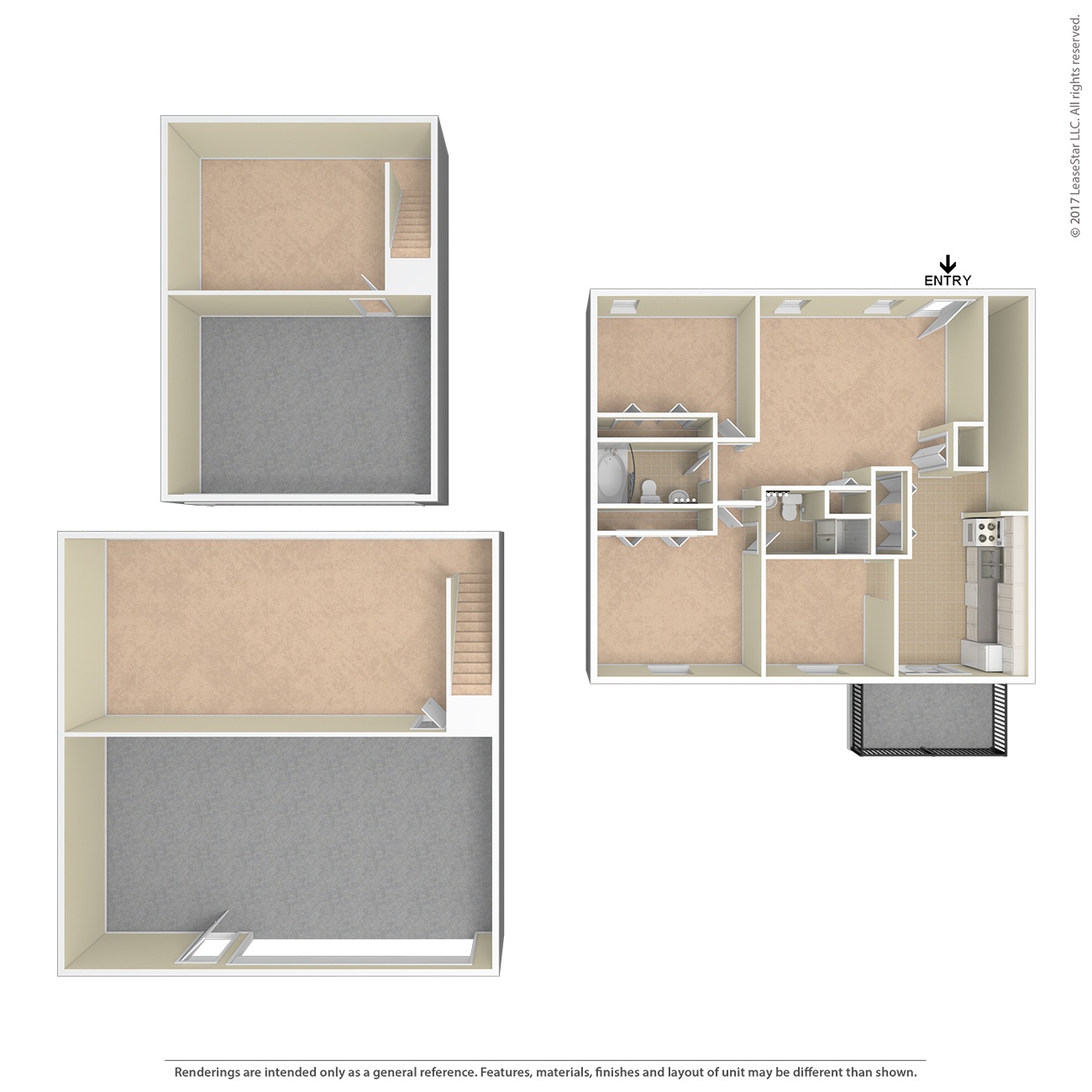 A floor plan of a house with three bedrooms and a kitchen.